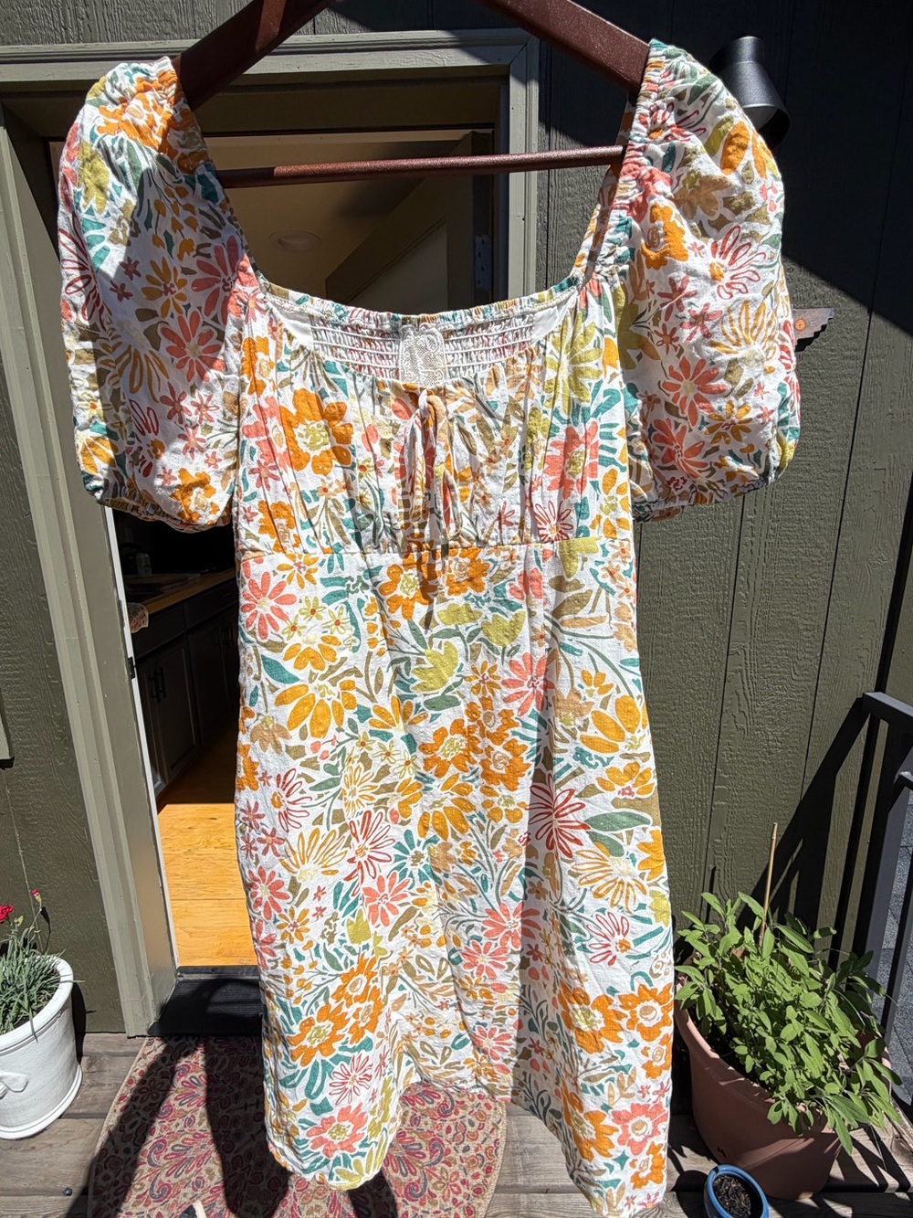 Sadie & Sage Floral Puff-Sleeve Mini Dress in White, Mustard & Teal